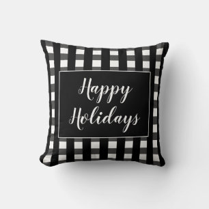Cojín Decorativo Felices Fiestas Plaid Negro Blanco Navidad