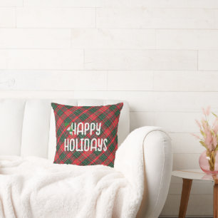 Cojín Decorativo Felices Fiestas Tartán Escocés Cuadros Rojo y Verd