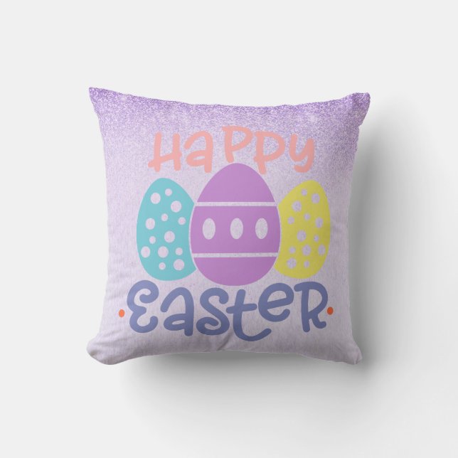 Cojín Decorativo Felices Huevos de Pascua Primavera Púrpura (Anverso)