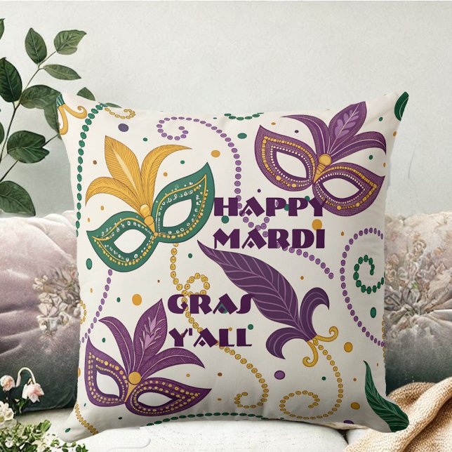 Cojín Decorativo Felices Mardi Gras Y'All Mask Fleur De Lis (Happy Mardi Gras Y'All Masks Fleur De Lis Beads Throw Pillow)