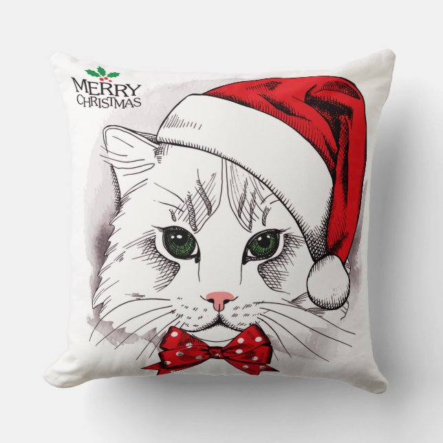 Cojín Decorativo Felices Navidad del gato blanco lindo (Anverso)