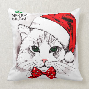 Cojín Decorativo Felices Navidad del gato blanco lindo