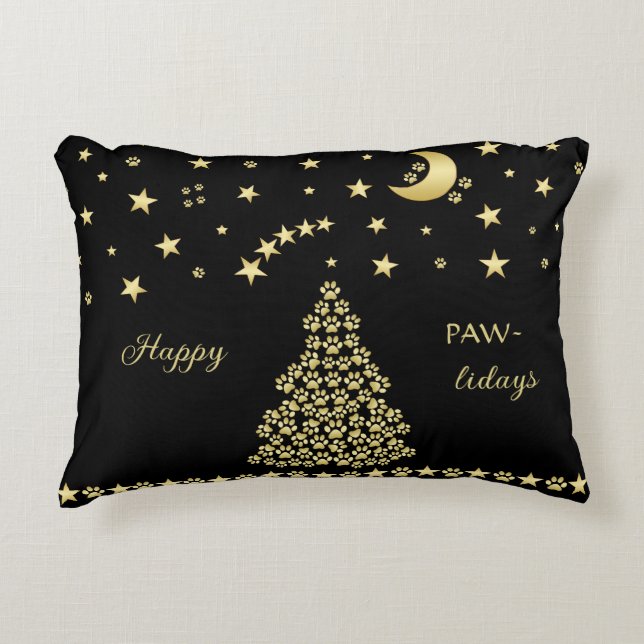 Cojín Decorativo Felices Pawlidays, árbol de navidad Gold brillante (Anverso)