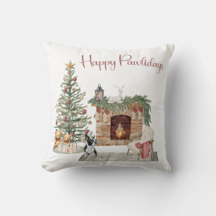 Cojín Decorativo Felices Pawlidays Diseño de Perro - Boston Terrier