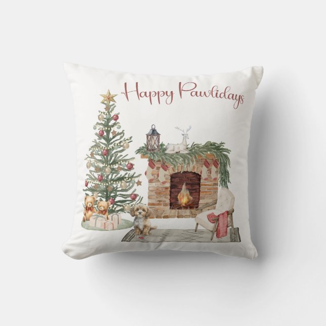 Cojín Decorativo Felices Pawlidays Diseño de Perro - Cavapoo (Anverso)