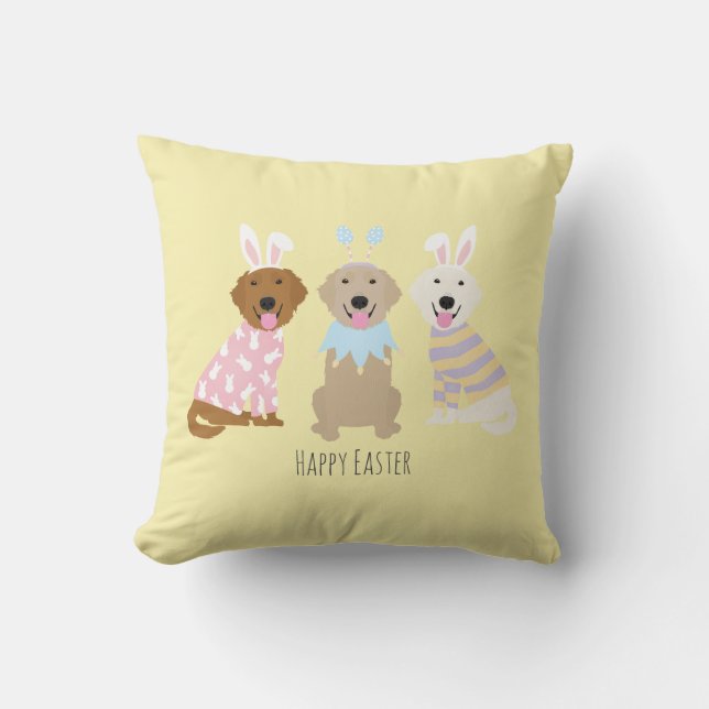 Cojín Decorativo Felices perros recuperadores de oro de Pascua (Anverso)