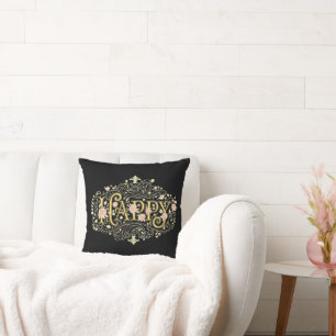Cojín Decorativo Felicidad Dorada: Floral Elegante Feliz