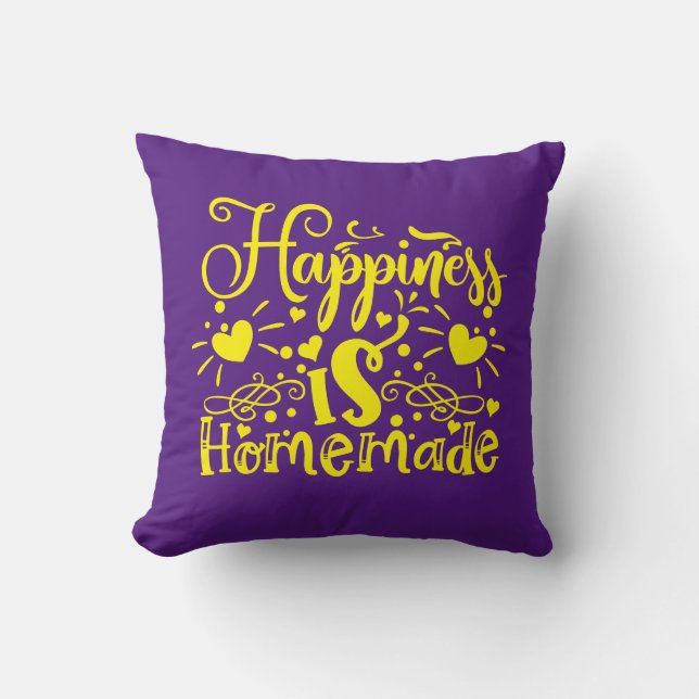 Cojín Decorativo Felicidad inspiradora cita morado amarillo (Anverso)