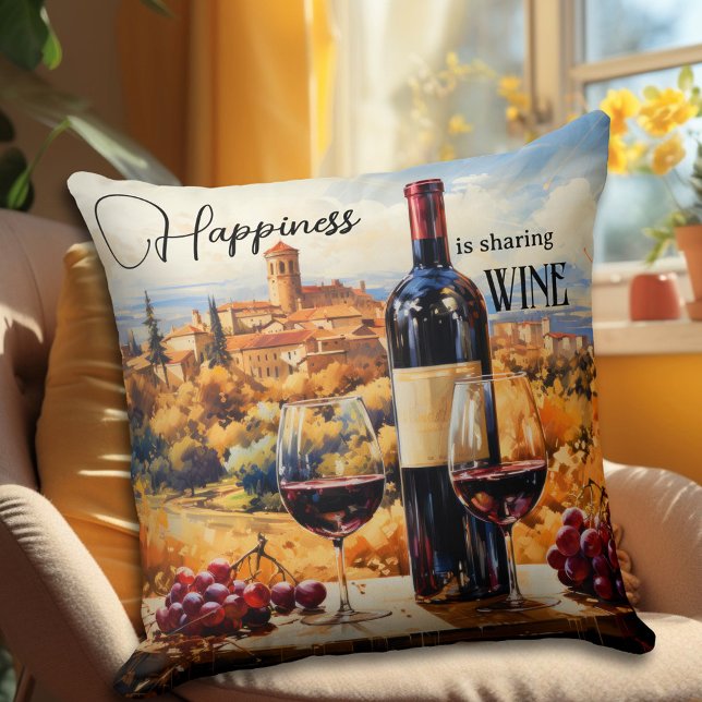 Cojín Decorativo Felicidad Paisaje Italiano Arte de Vino (An artistic design pillow featuring an Italian fantasy landscape painting with red wine.)