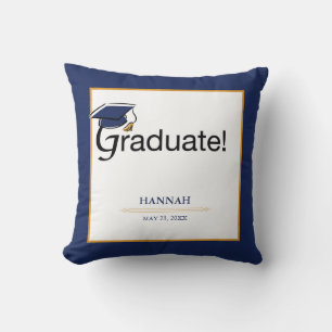 Cojín Decorativo Felicitaciones Graduado, Gorra, Tassel, Azul, Oro