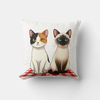 Cojín Decorativo Felinos Adorables en Manta de Cuadros Rojos