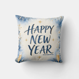 Cojín Decorativo Feliz Año Nuevo con Celebración de Acuarela Suave