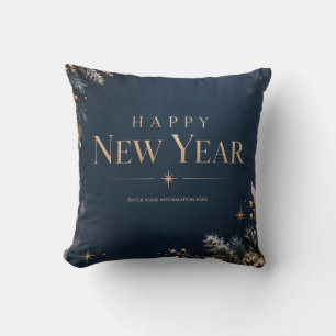 Cojín Decorativo Feliz Año Nuevo elegante de azul medianoche y dora