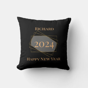 Cojín Decorativo "Feliz Año Nuevo" elegante oro negro personalizado