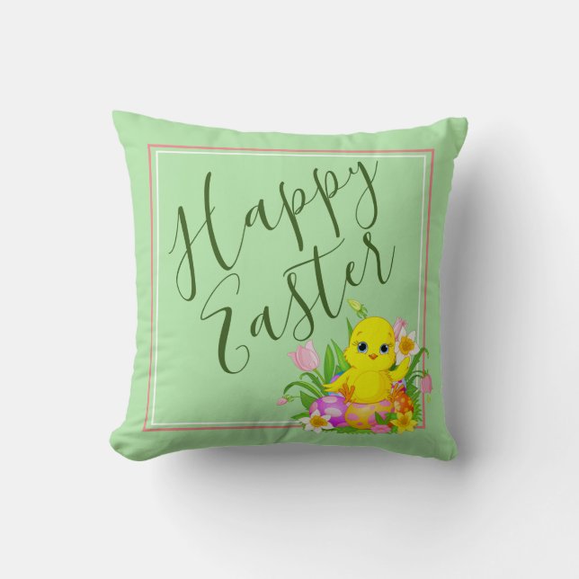 Cojín Decorativo Feliz bebé de Pascua, polluelo y flores (Anverso)