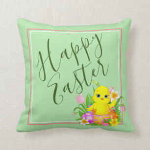 Cojín Decorativo Feliz bebé de Pascua, polluelo y flores