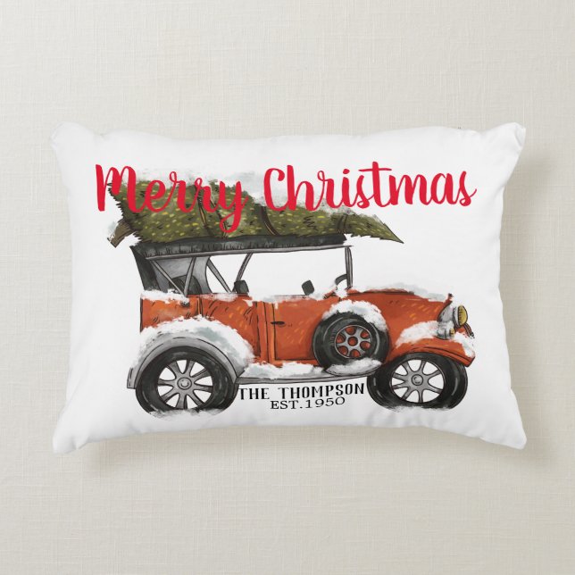 Cojín Decorativo Feliz bonito navideño camioneta roja blanco (Anverso)