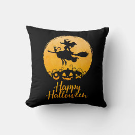 Cojín Decorativo Feliz Bruja Voladora de Halloween con gato y calab