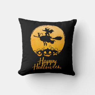 Cojín Decorativo Feliz Bruja Voladora de Halloween con gato y calab