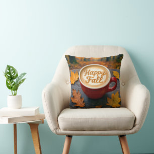 Cojín Decorativo Feliz Caída Latte En La Mug Roja Con Hojas De Otoñ