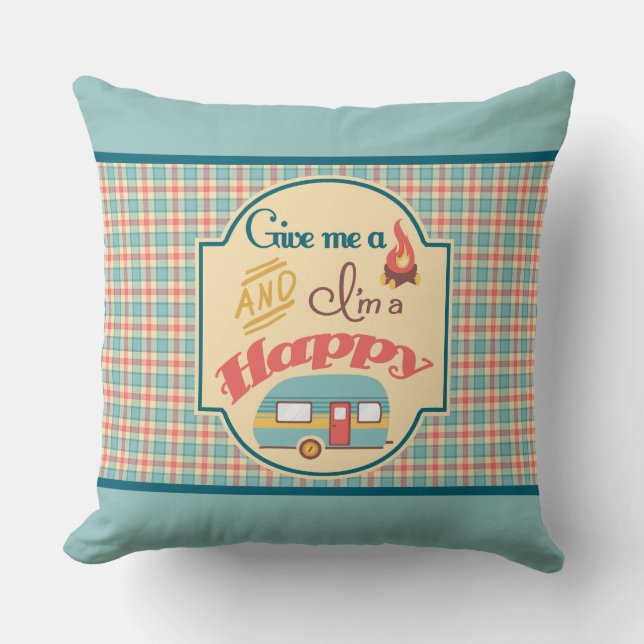 Cojín Decorativo Feliz Camper Personalizado Pillow (Aqua & Coral) (Anverso)