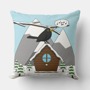 Cojín Decorativo Feliz Canto de Blackbird en el paisaje invernal