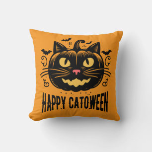 Cojín Decorativo Feliz Catoween Gato Negro Cara de Calabaza de Hall