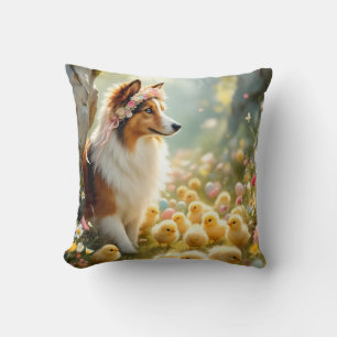 Cojín Decorativo Feliz Collie de Pascua y Chicas
