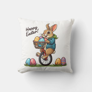 Cojín Decorativo Feliz Conejo de Pascua en un uniciclo con canasta