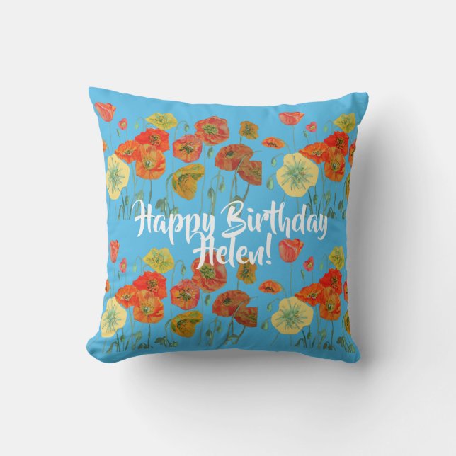 Cojín Decorativo Feliz cumpleaños, adormidera florales señoras Nomb (Anverso)