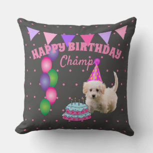 Cojín Decorativo Feliz cumpleaños lindo perro con puntos de polka d