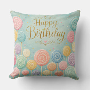 Cojín Decorativo Feliz Cumpleaños Lollipops Acuarela Caprichosos