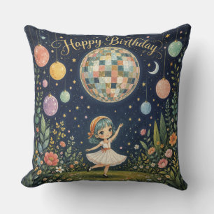 Cojín Decorativo Feliz Cumpleaños Niña de la Bola de Discoteca Capr