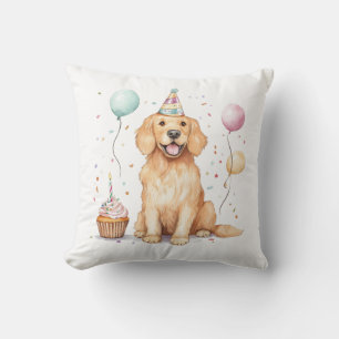 Cojín Decorativo Feliz cumpleaños, perro de la recuperación de oro