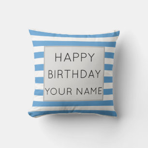 Cojín Decorativo Feliz Cumpleaños Rayado Azul y Blanco