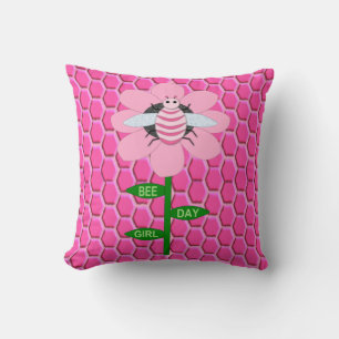 Cojín Decorativo Feliz Día de la Abeja Chica Pink Birthday Bumblebe