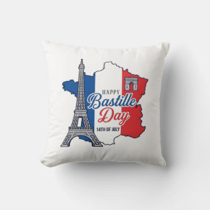 Cojín Decorativo Feliz Día de la Bastilla Francia Mapa Torre Eiffel