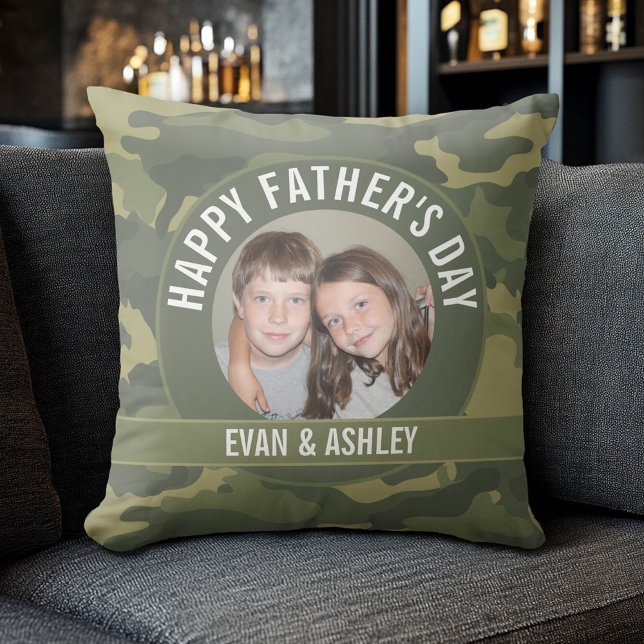 Cojín Decorativo Feliz Día del Padre - Foto Camuflaje Verde (Custom Photo Pillow)