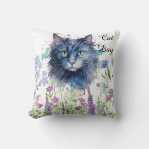 Cojín Decorativo Feliz Día Internacional del Gato Acuarela Flor Sil