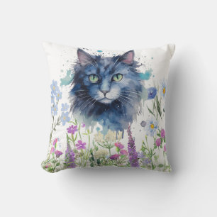 Cojín Decorativo Feliz Día Internacional del Gato Acuarela Flor Sil