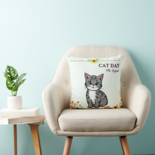 Cojín Decorativo Feliz Día Internacional del Gato Girasol Atigrado