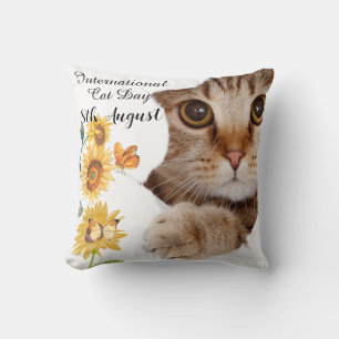 Cojín Decorativo Feliz Día Internacional del Gato Girasol Atigrado
