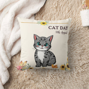Cojín Decorativo Feliz Día Internacional del Gato Girasol Atigrado