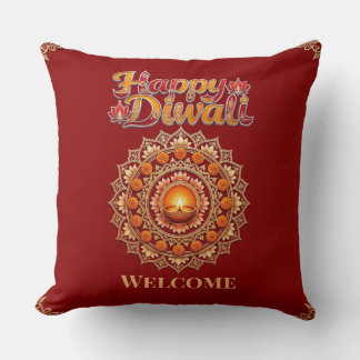 Cojín Decorativo Feliz Diwali Festival de las Luces Deepak Loto Roj