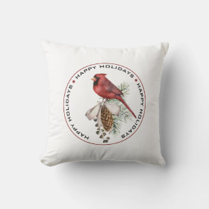 Cojín Decorativo FELIZ FESTIVIDAD, Navidades rojos Cardenal acuarel