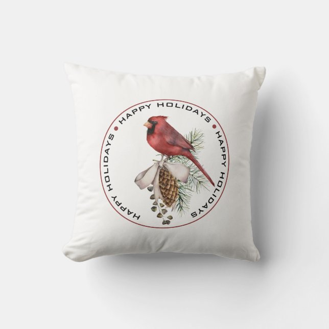 Cojín Decorativo FELIZ FESTIVIDAD, Navidades rojos Cardenal acuarel (Anverso)