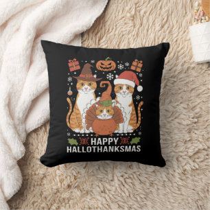 Cojín Decorativo Feliz Hallothanksmas Gatos Halloween Navidad 