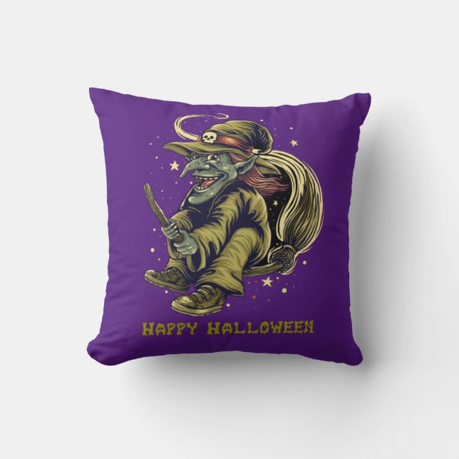 Cojín Decorativo Feliz Halloween Bruja Malvada Voladora (Anverso)