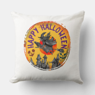 Cojín Decorativo Feliz Halloween - Bruja voladora, casa fantasmal