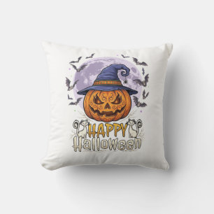 Cojín Decorativo Feliz Halloween Calabaza Sombrero de Bruja Murciél